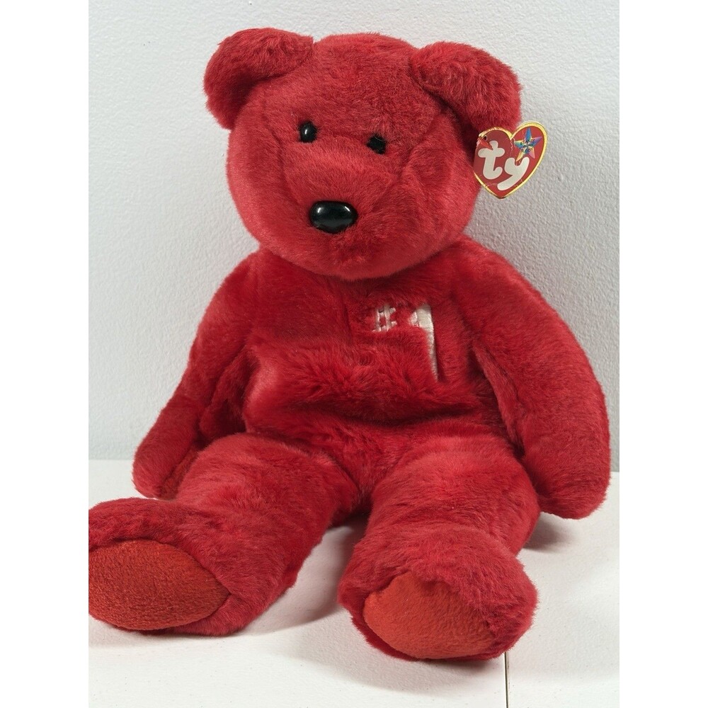 2002 Ty Beanie Buddy-#1 Bear-14"-Retired with Fabulous Bright Red Fabric